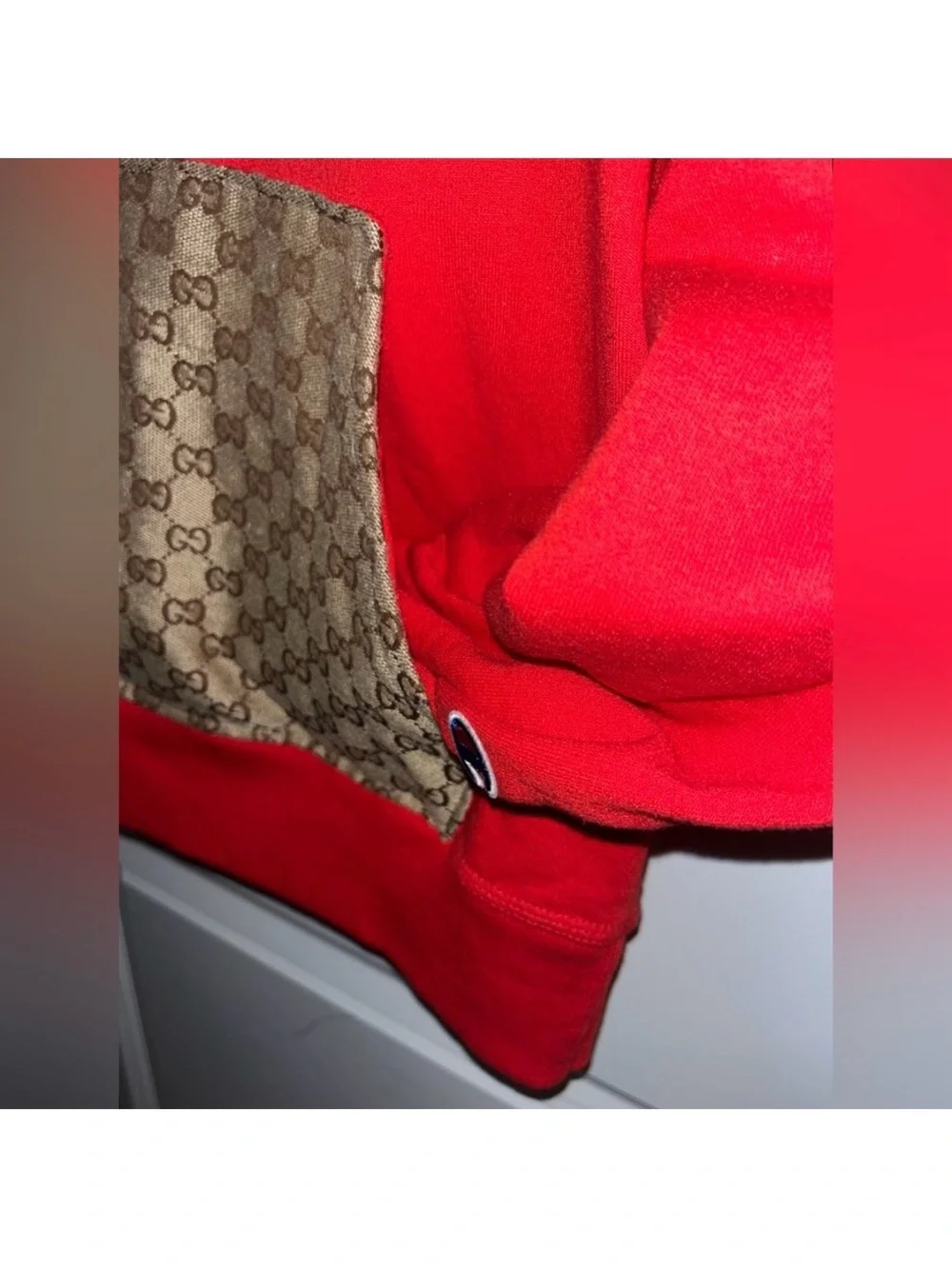 CUSTOM MADE Red Champion Hoodie Sweatshirt With GUCCI FABRIC Front Pocket Large